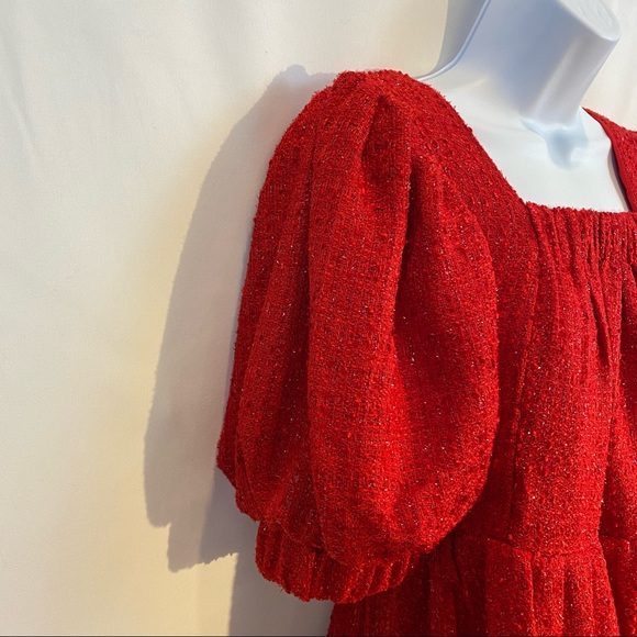 Sister Jane Carina Tweed Puff Sleeve Babydoll Mini Dress in Red size M NWT - Picture 7 of 16